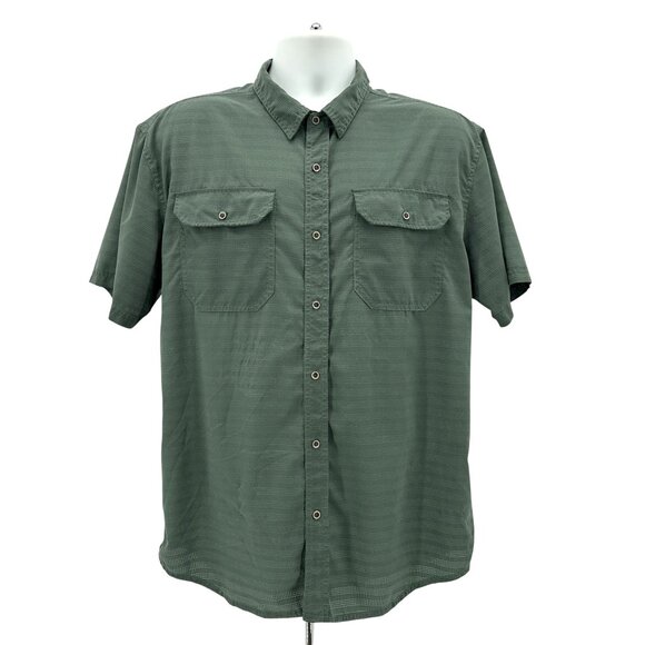 Prana Mens XL Shirt Button Green Stripe Short Sleeve Recycled Polyester Blend - Picture 1 of 7